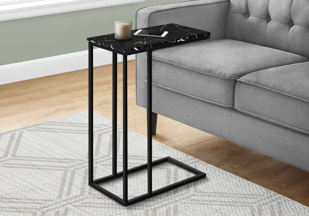 Accent Table, C - Shaped, Marble Look Minimalist Design - Black Easy Assembly