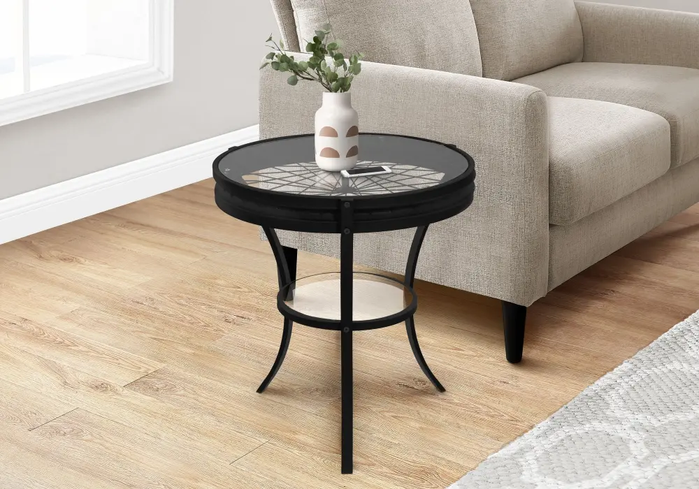 Glass Top Round Accent Table, Transitional - Ebony