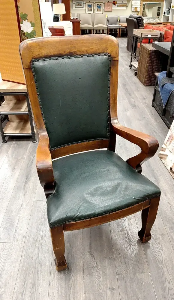 GREEN LEATHER + WOOD ACCENT CHAIR
