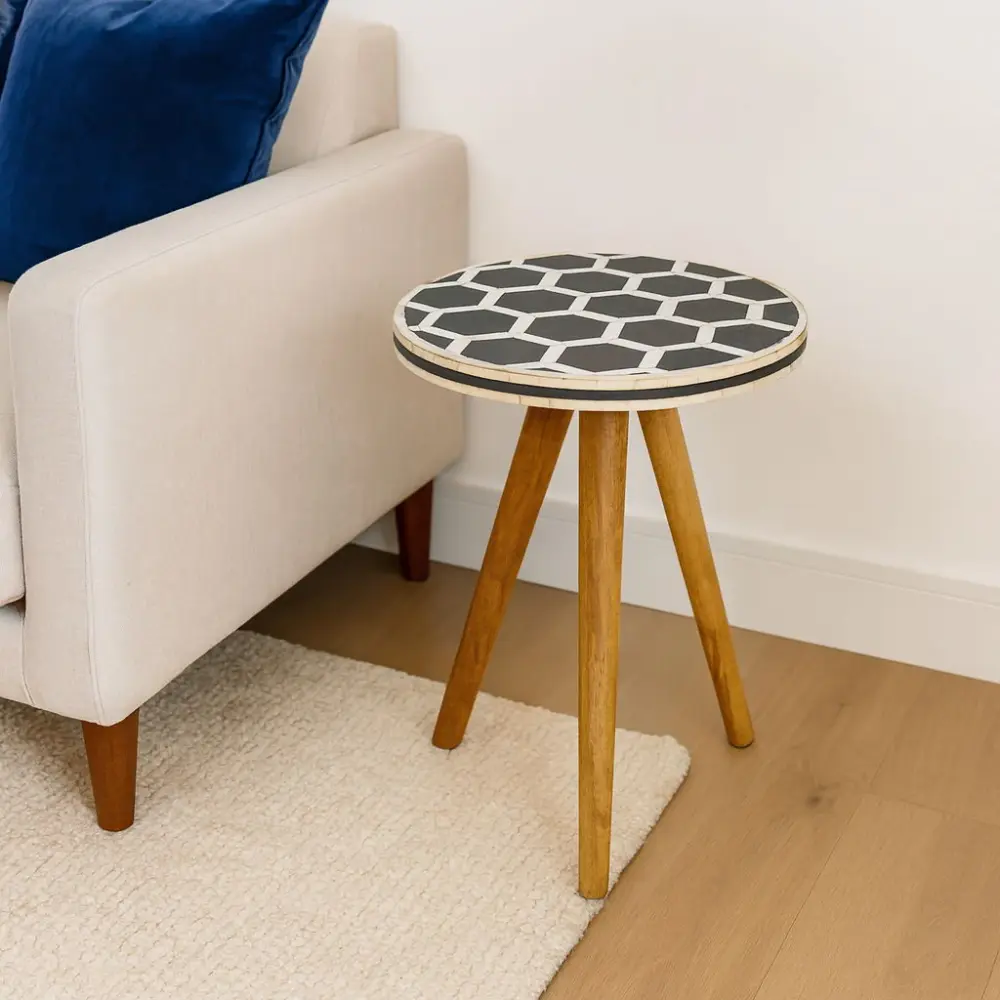 Inlay Bone Tripod Stool - Beige / Ivory