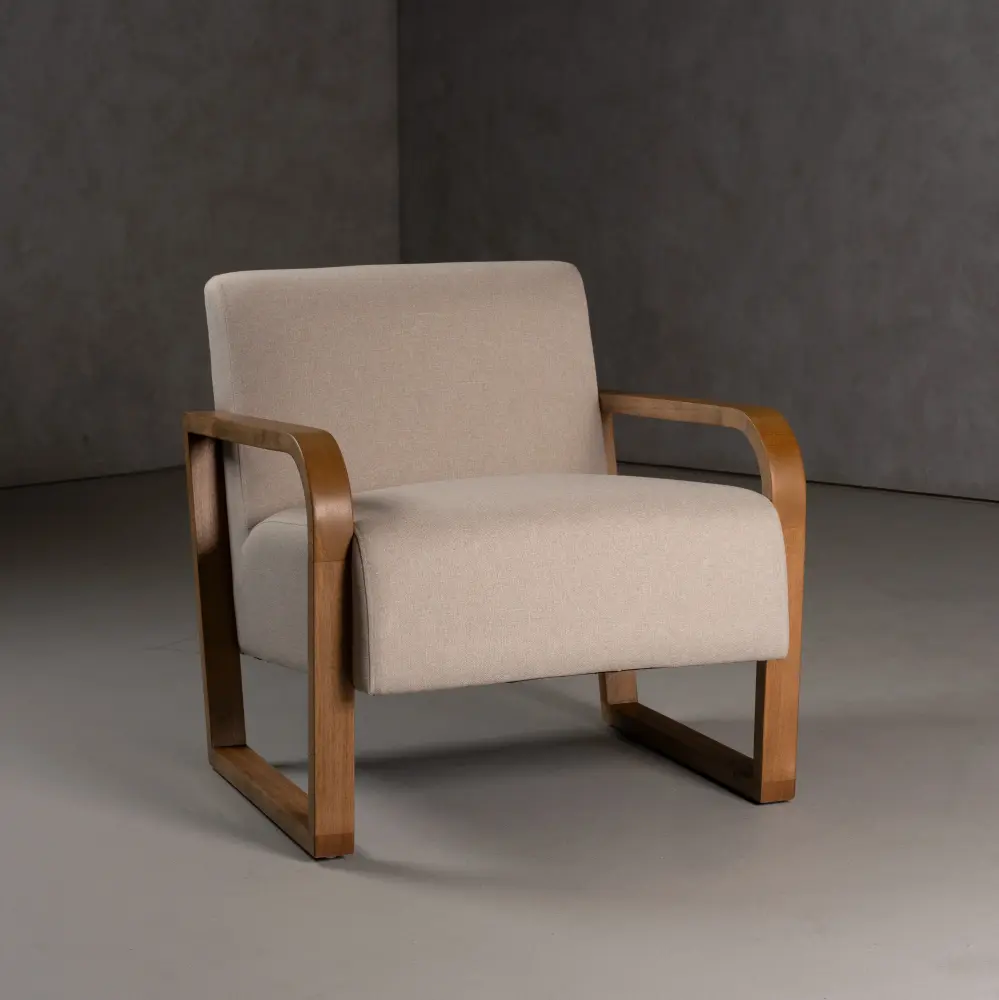 Modrest Sada - Mid-Century Modern Khaki Linen + Chestnut Accent Chair