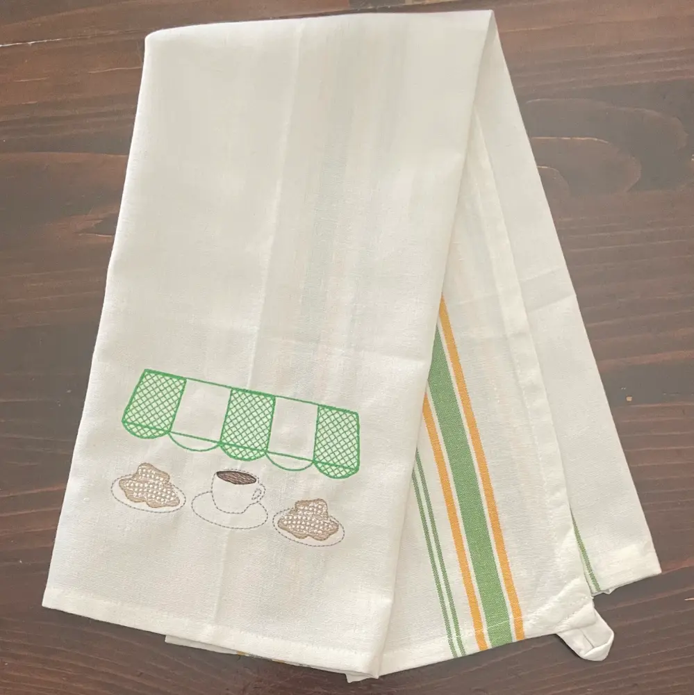 BEIGNETS & COFFEE EMBROIDERED TOWEL Fray-Resistant Hem