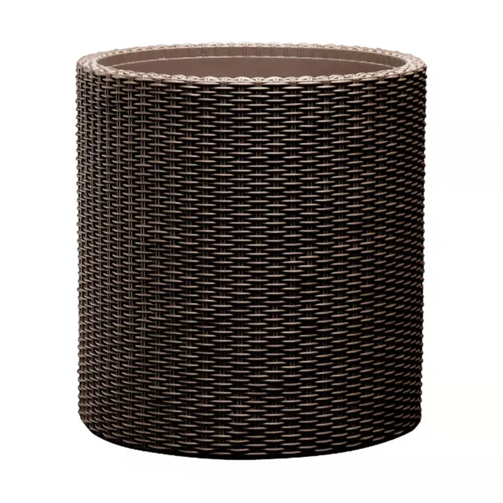 Keter Round Planter Rattan Style - Size M - 36cm Diameter Espresso Cylinder Flower Pot Indoor Outdoor Weatherproof