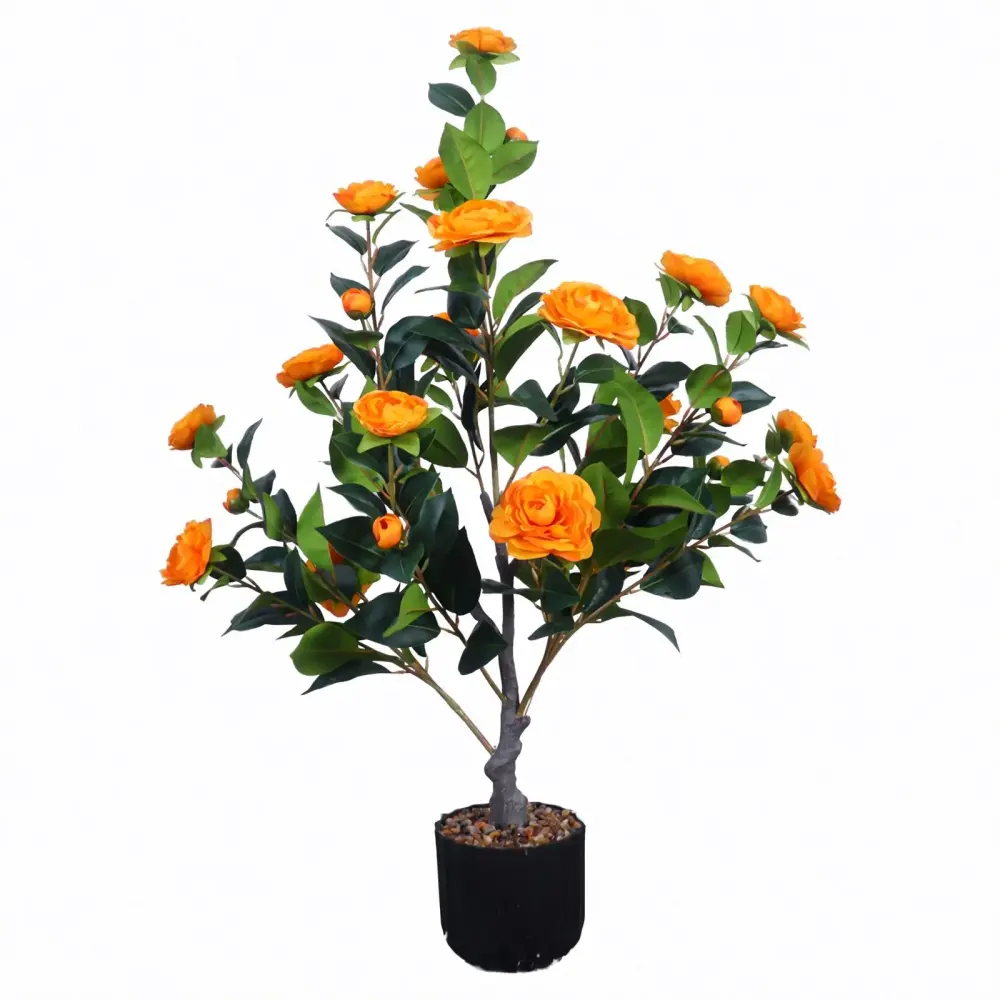 2 Pack Artificial Camellia Trees, Faux Potted Plants Orange Flowers Indoor Or Outdoor Decor, Porch, Office, Or Home Use - ...