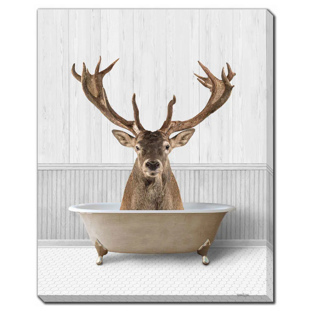 Deer Bath Hand Embellished Duck cloth Art, 16'' x 20''