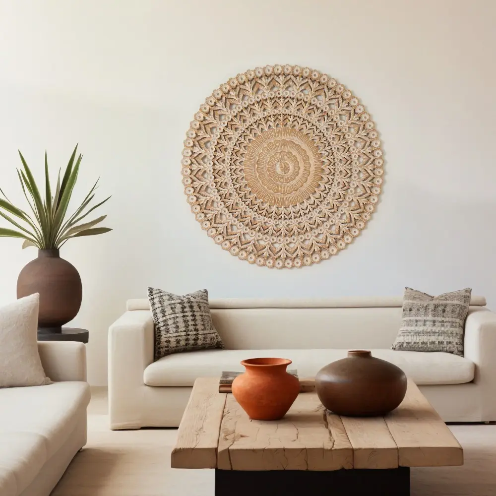 Floral Hand Detailed Mandala Round Wall Decor - Brown / Antique White