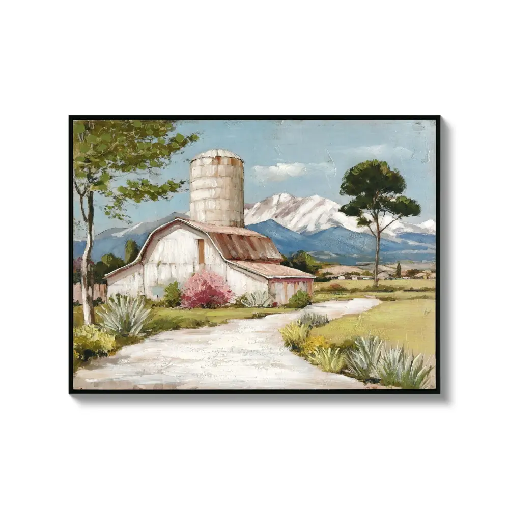 Framed Canvas Wall Art Beautiful Field Painting Wildflower Barn Print Nature Scenery Picture Home - Blue / Salmon LED Back...