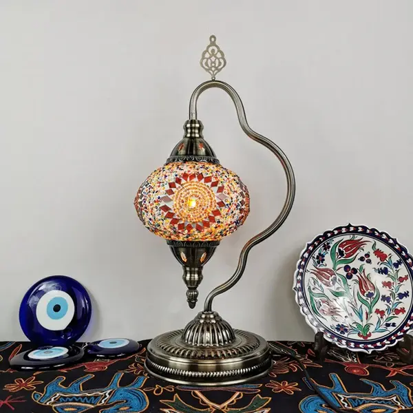 Large Format Stained Art Glass Globe Table Lamp Art Deco 1 Head Restaurant Night Portable Curvy Arm White/Red/Yellow