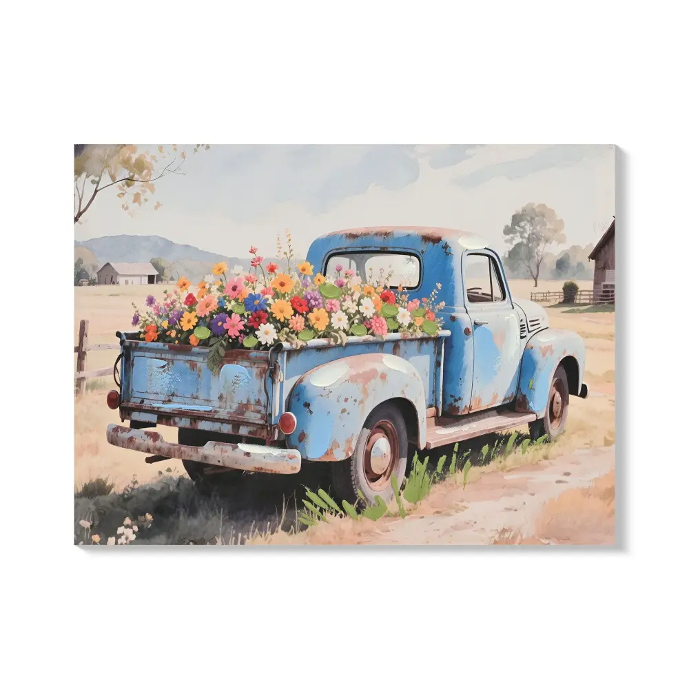 Old Truck Sailcloth Wall Art Spring Decor - Blue Cars