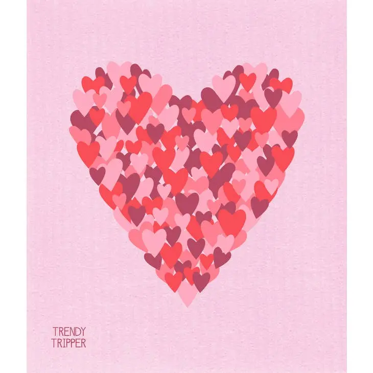 Petal Heart Reds + Pinks on Pastel Coral Swedish Dishcloth
