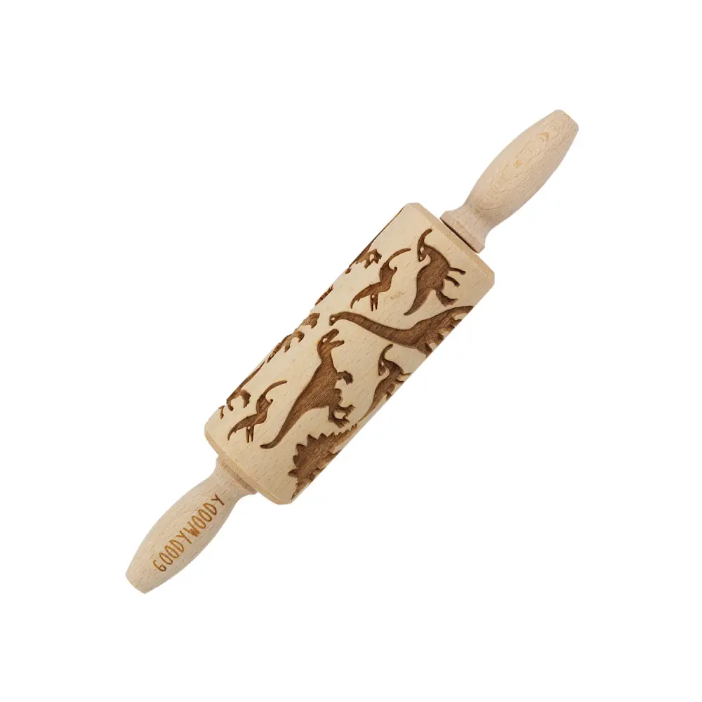 Goody Woody textured rolling pin engraved cake roller, 23.5 cm, beech wood, dinosaur design