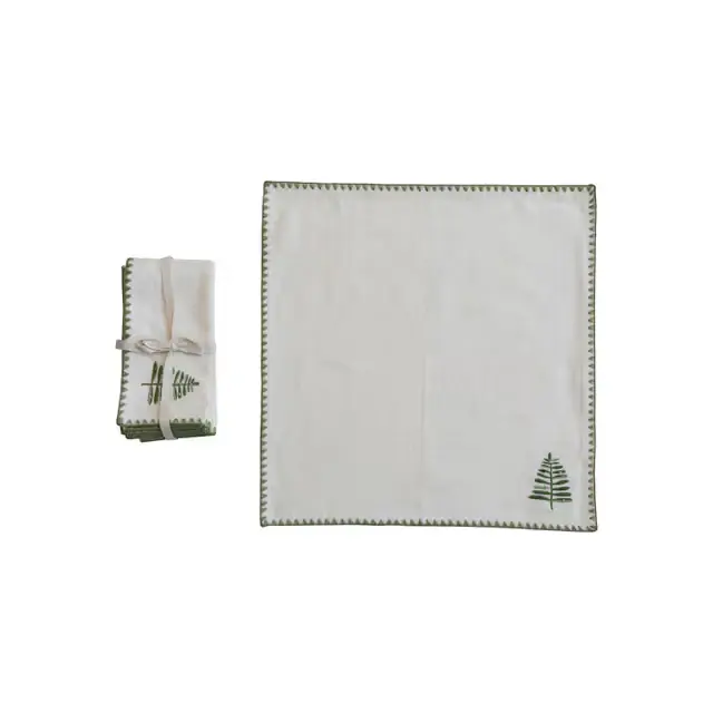 Cotton Napkins w/ Embroidered Tree & Edge, Natural & Green, Place 4