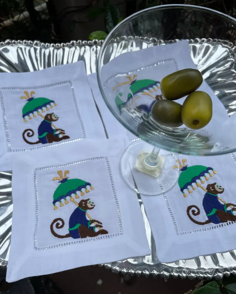 EMBROIDERED MONKEY LINEN COCKTAIL NAPKINS S/4 SAPPHIRE & GREEN