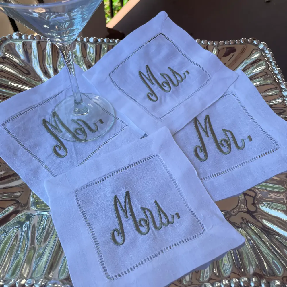 EMBROIDERED MR and MRS FLAX COCKTAIL NAPKINS S/4