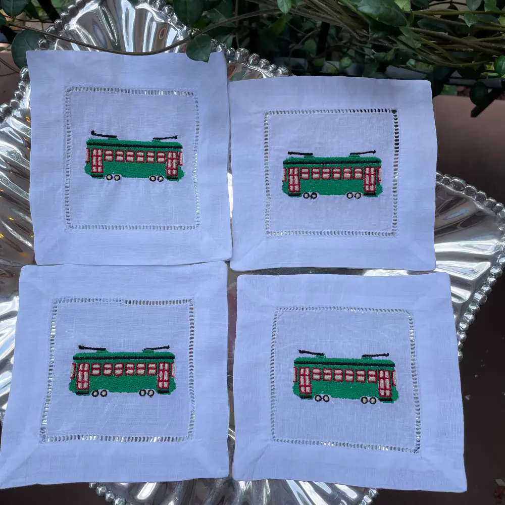EMBROIDERED STREETCAR FLAX COCKTAIL NAPKINS S/4