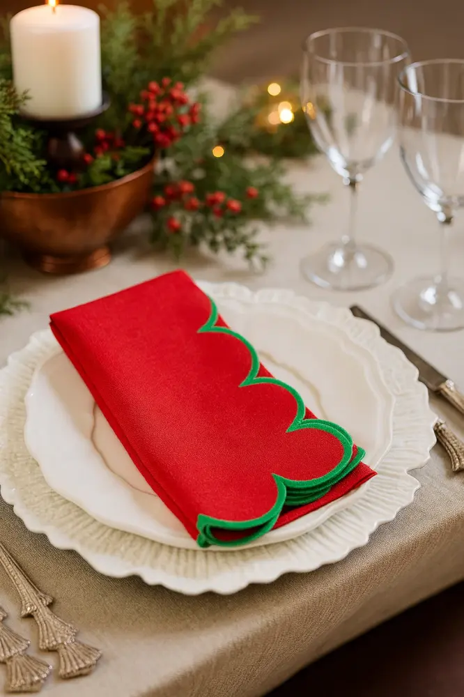 Green Scalloped Red Cotton 20" Dinner Napkin - Set 4
