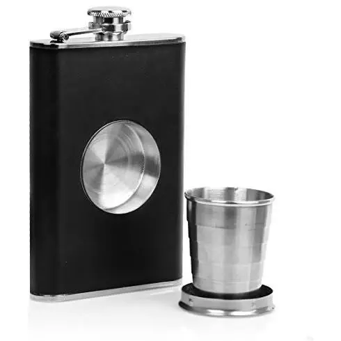 Hip Flask Shot Flask 8oz Stain-resistant Steel & Genuine Leather