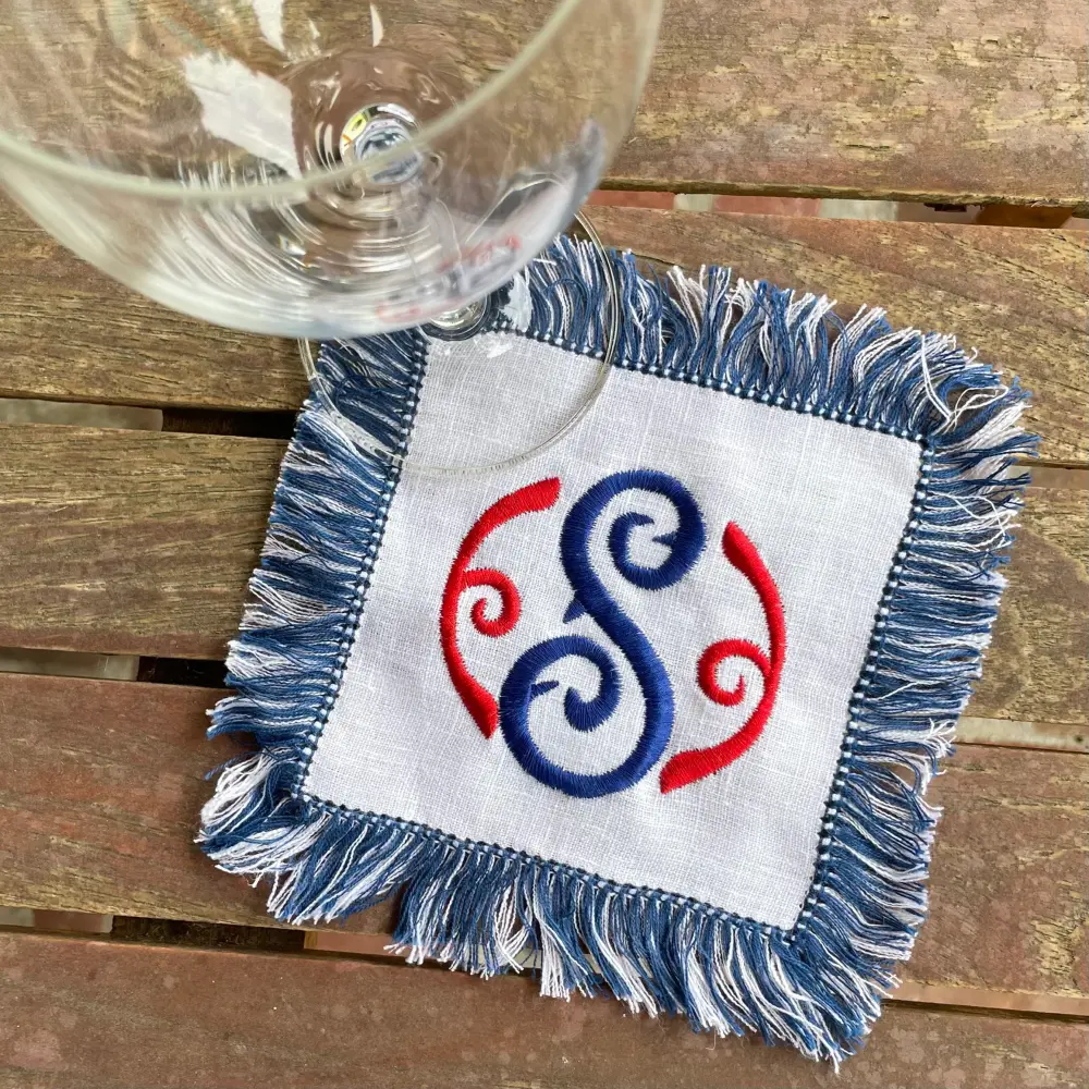 MONOGRAM LINEN FRINGED COCKTAIL NAPKINS S/4