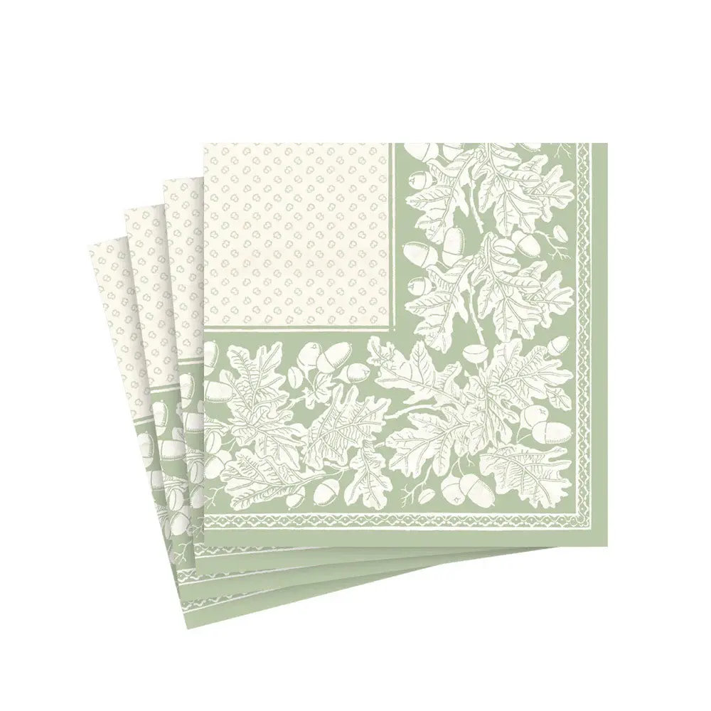 Oak Leaves & Acorns Paper Flax Cocktail Napkins Sage Green/Ivory - 15 Per Package