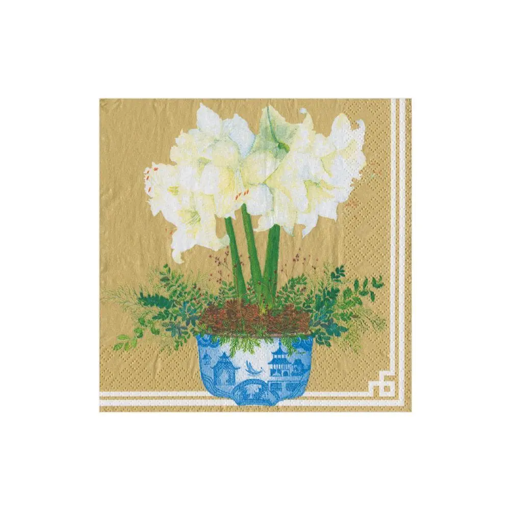 Potted Amaryllis Paper Cocktail Napkins Gold- 20 Per Package -