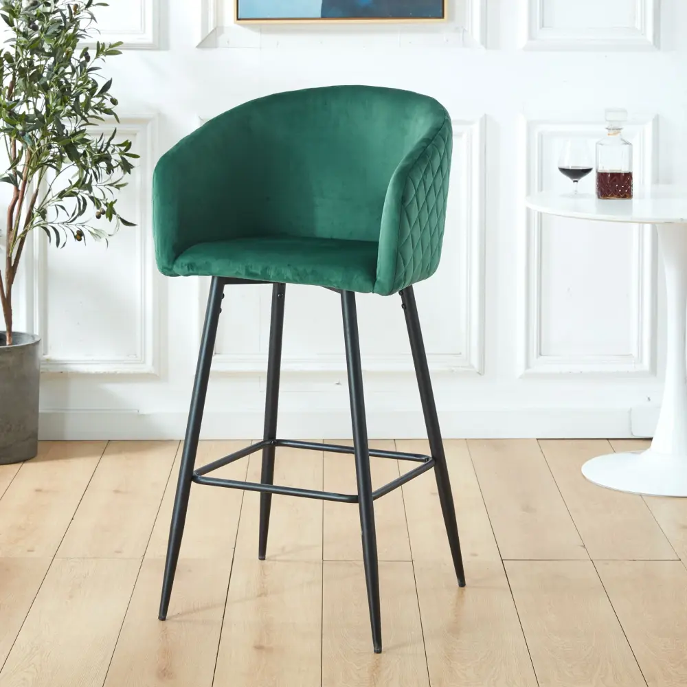 Counter Height Bar Stool, Metal Legs, Velvety Upholstered Pub, Restaurant, Kitchen Island (Set 2) - Black / Green
