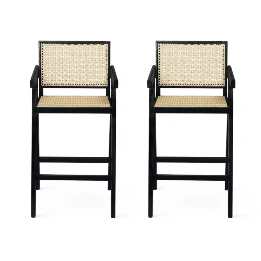 Modern Minimalist Bar Stool Cane Seat - Jet-black / Natural