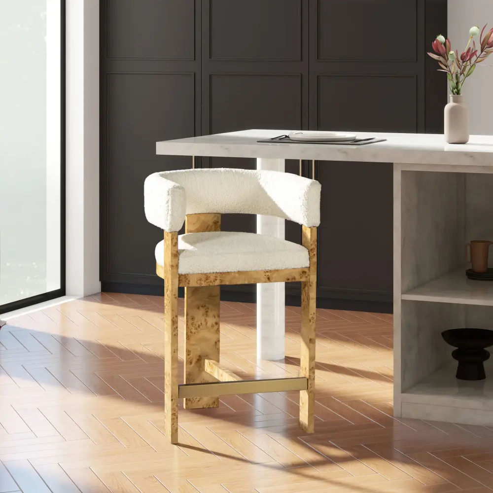 Vavona - Burl Upholstered Barrel Back Counter Height Bar Stool - Polar Off Snow