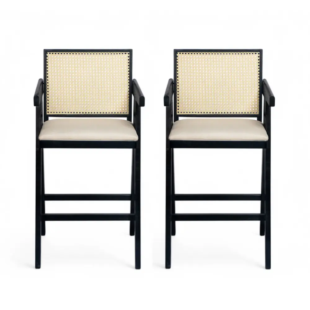 Woven Cane Plastic Backrest Bar Stool Foam Padded Fabric Seat & Durable Rubberwood Frame - Cream Ash