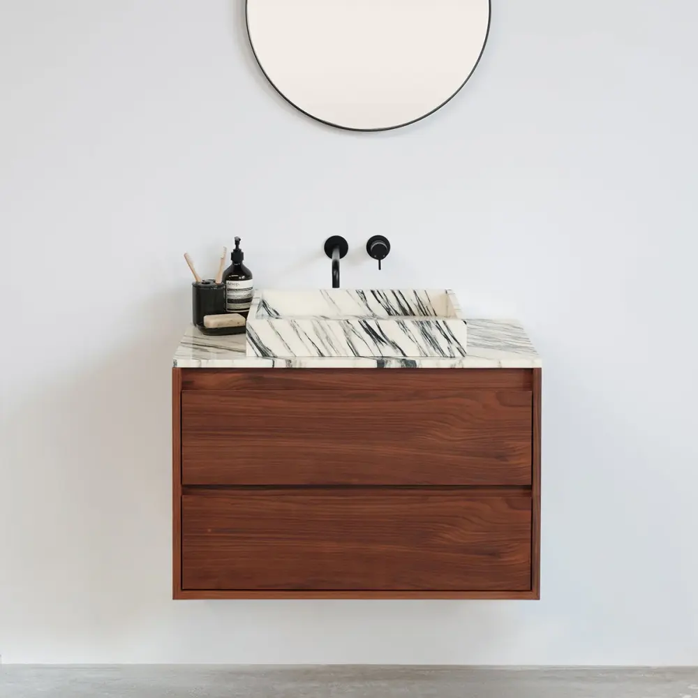 Bathroom Set Walnut Ann - Blue/White Marble - 80 cm