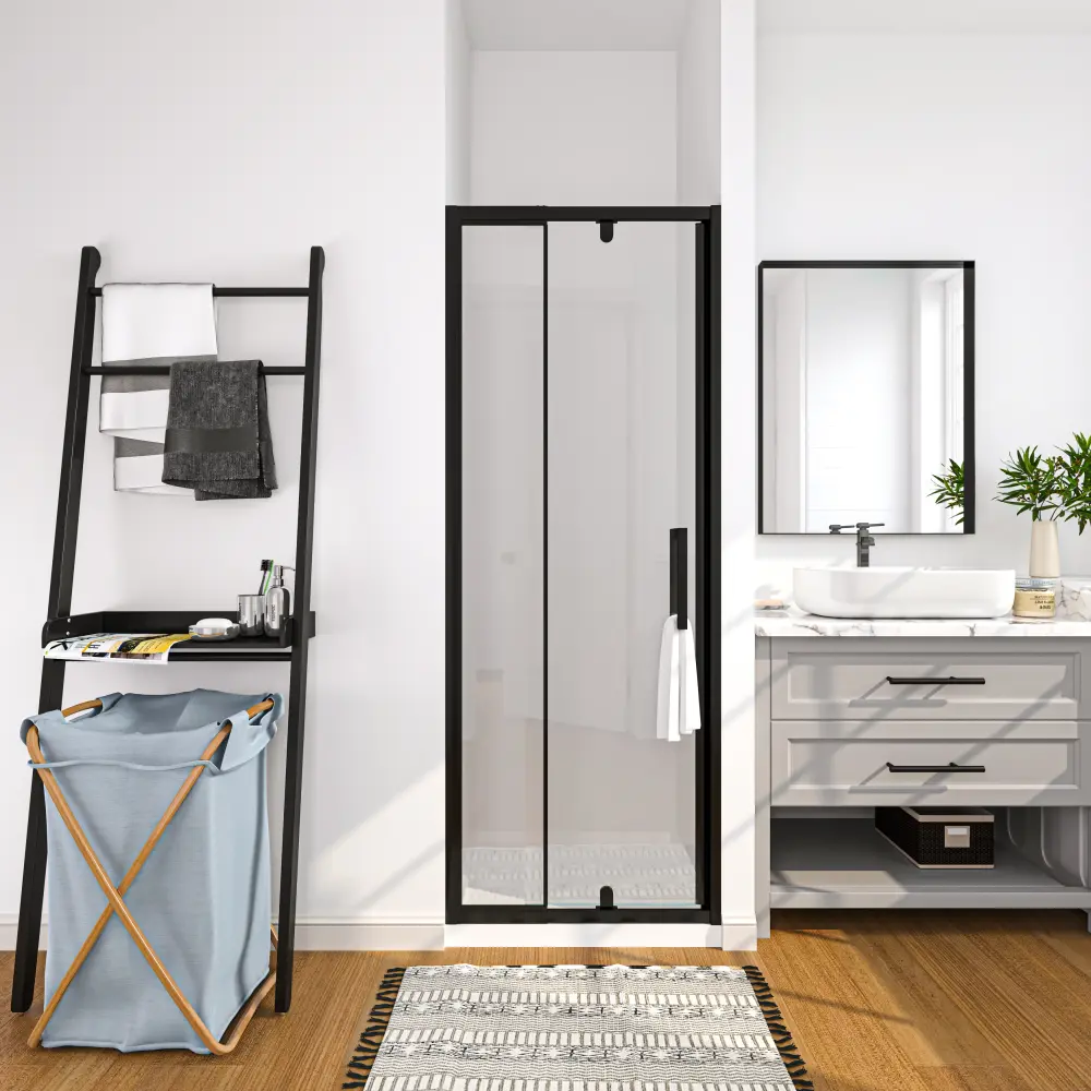 28-32 . W x 72 . H Pivot Swing Framed Shower Door Flat Black Clear Glass