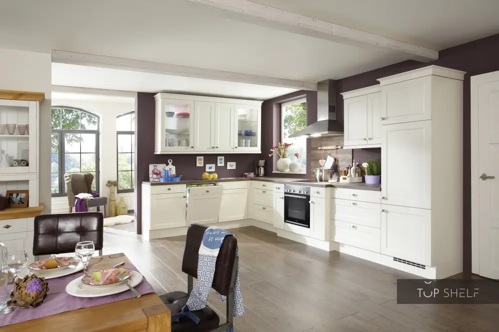 nobilia corner kitchen Chalet 883 lacquer magnolia flat 370x250 cm configurable ,