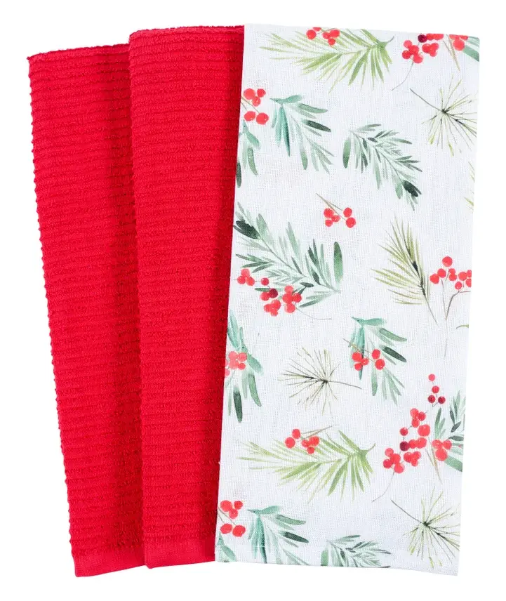 Quick-Dry Microfiber All Over Pine Berries Holiday Kitchen Tea Towels - Adjust 3
