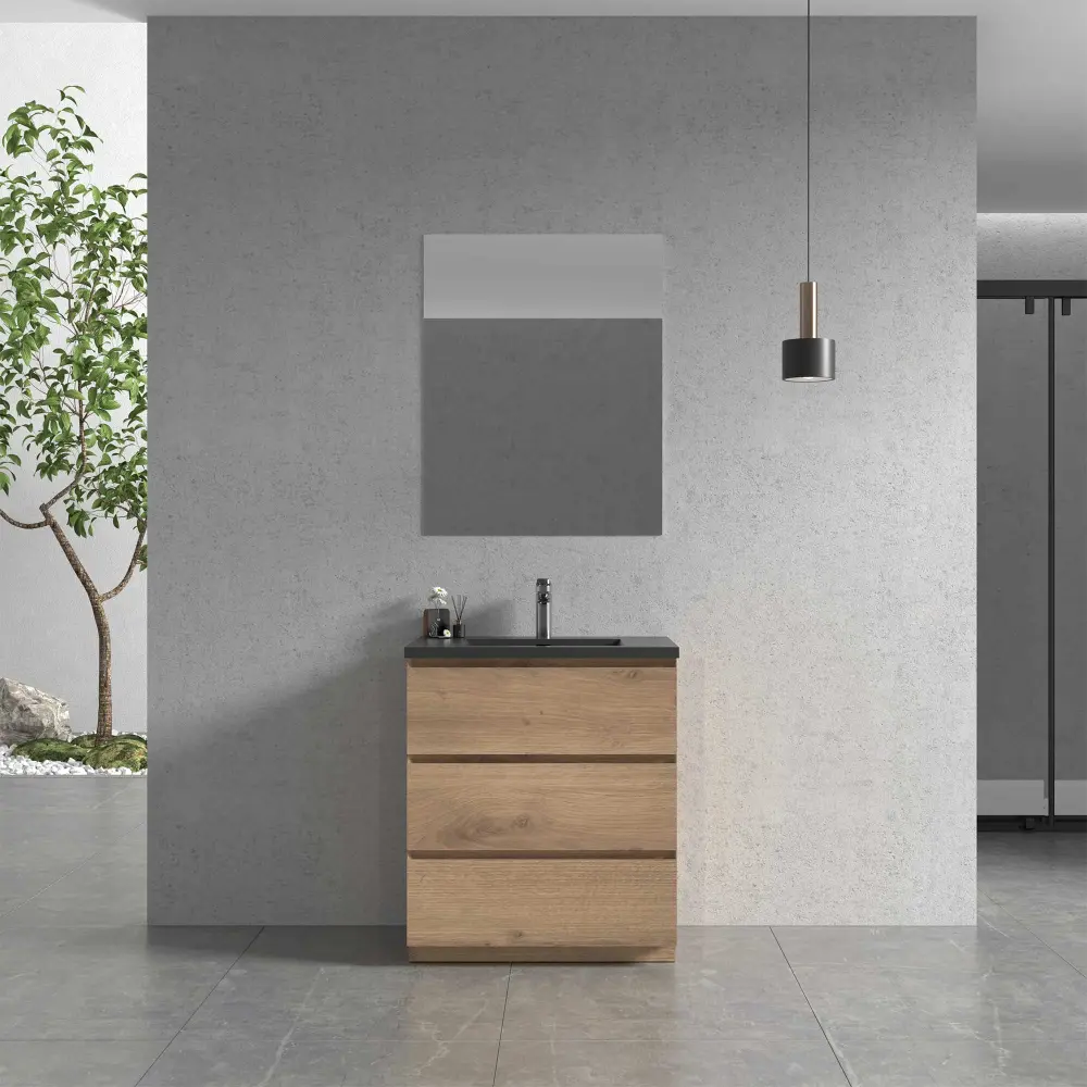 30" Freestanding Single Bathroom Vanity Oak Onyx Quartz Integrated Sink