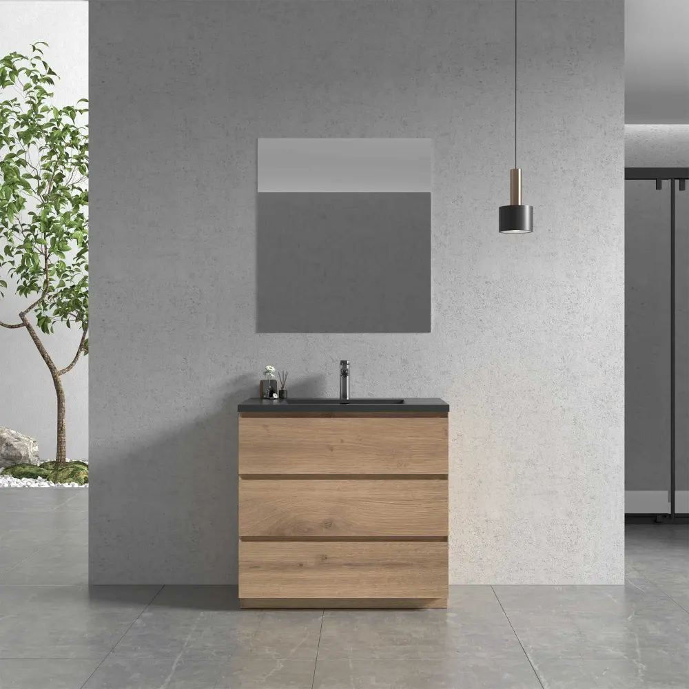 36" Freestanding Single Bathroom Vanity Oak Onyx Quartz Integrated Sink
