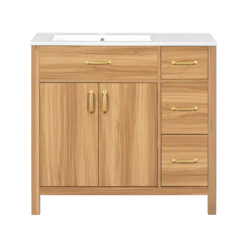 Hotel-Grade Luxury Bathroom Vanity, 2 Gentle Close Doors, 3 Soft Close Drawers, Adjustable Shelf - Wood