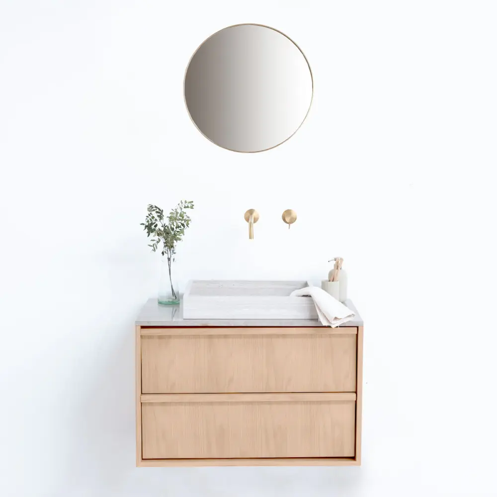 Bathroom furniture Fien Eik - Veneer marble Washbasin and washboard - 80 cm | Rustproof & Easy Clean