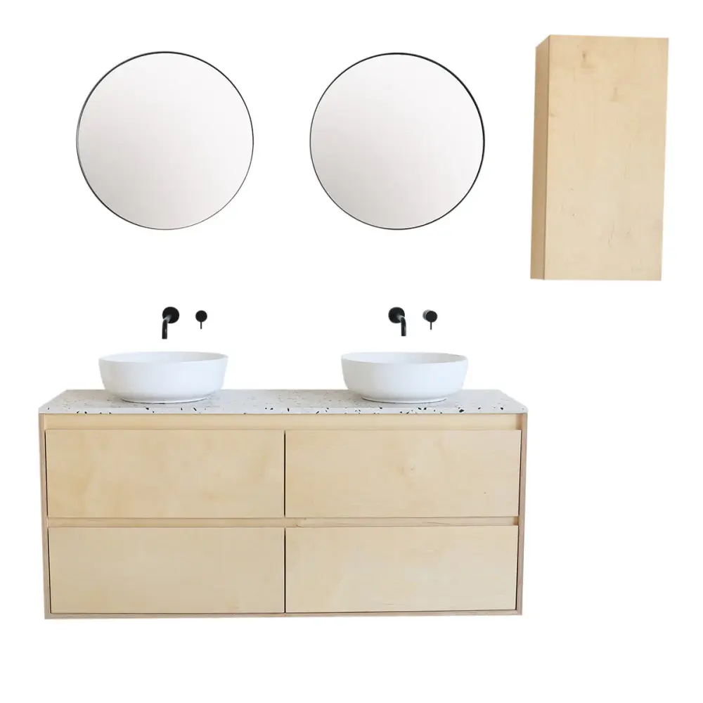 Bathroom furniture Terrazzo - ANN Cabinet Birch - Porcelain washbasin Alexis II - 150 cm