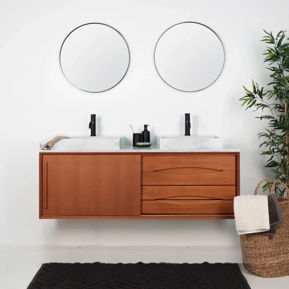 Classic bathroom furniture Bill Teak - White Marble - Washbasin tap hole