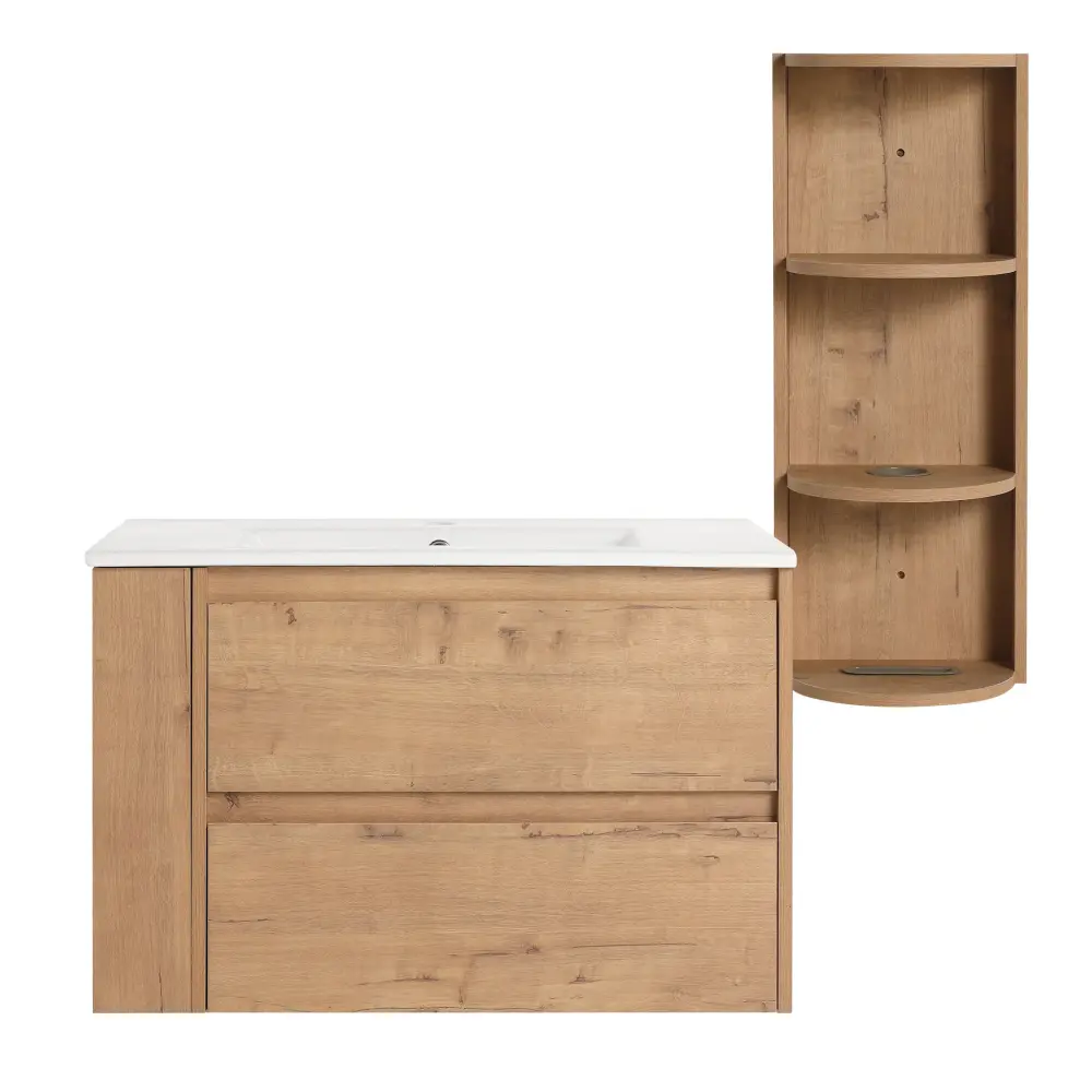 Modern Wall Mounted Bathroom Vanity Ceramic Sink And Storage Rack, 2 Plush Close Drawers