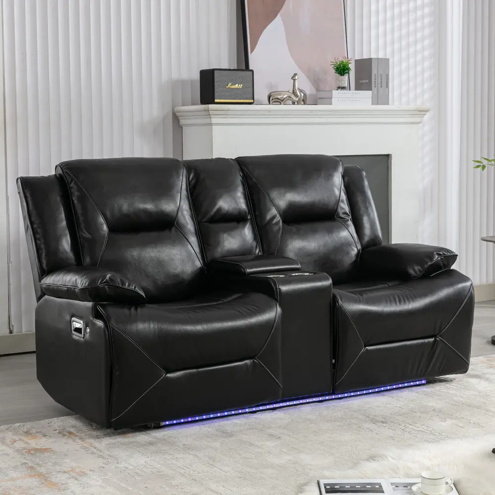 2 Seater Home Theater Recliner Hand-crank Recliner Chair LED Light Strip Two Cup Holders And Storage Box Living Room