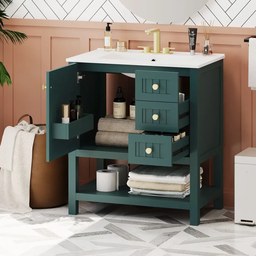 Transitional Style Bathroom Vanity Cabinet Combo Stoneware Sink