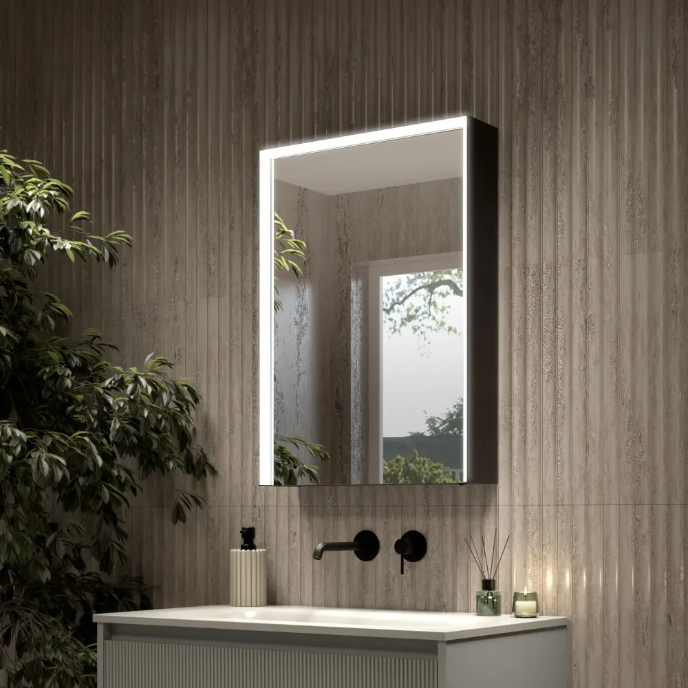 Fiano Steam-Free Modern Mirror Cabinet 500 x 700mm - Matt Onyx