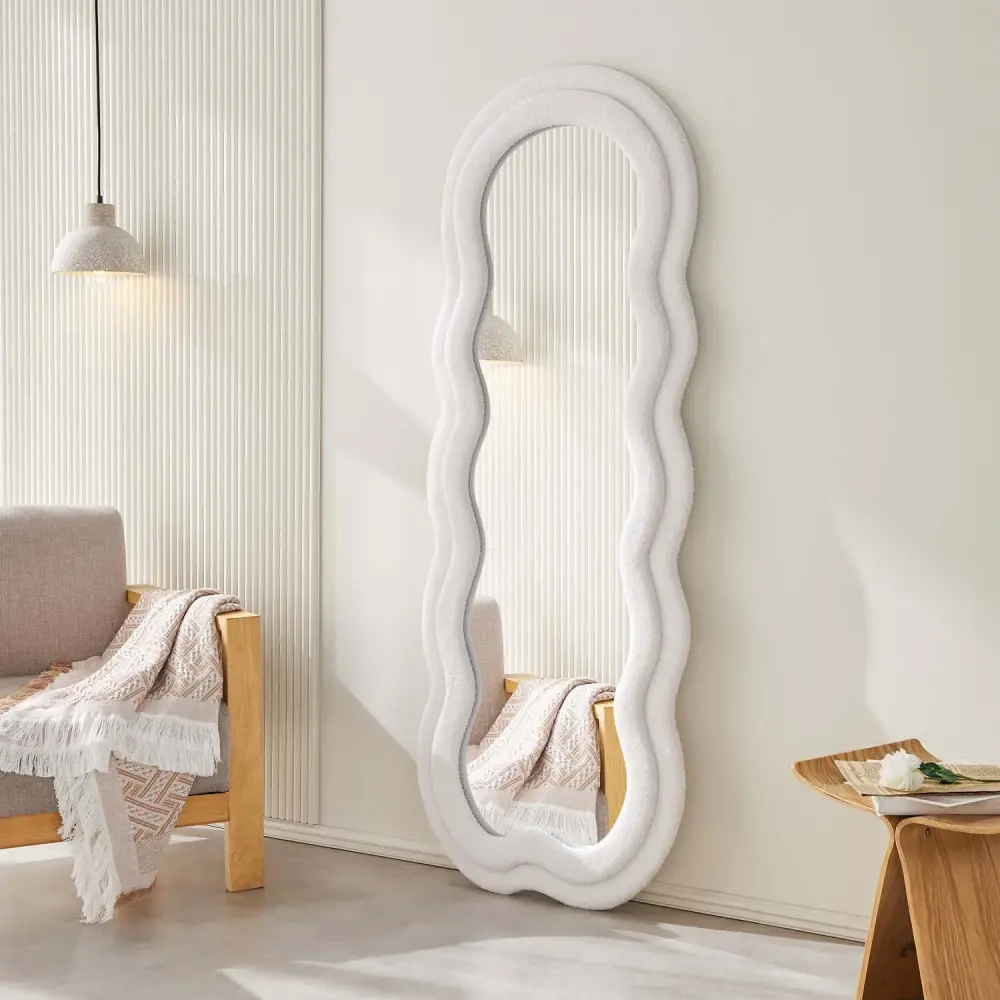 Full Length Standing Wavy Mirror 63’’ x 24’’ (H x W) Flannelette Fabric Frame White
