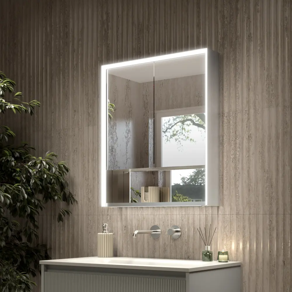 Nebbiolo Steam No-cost Aluminium Bathroom Mirror Cabinet Open Shelf 600x700mm