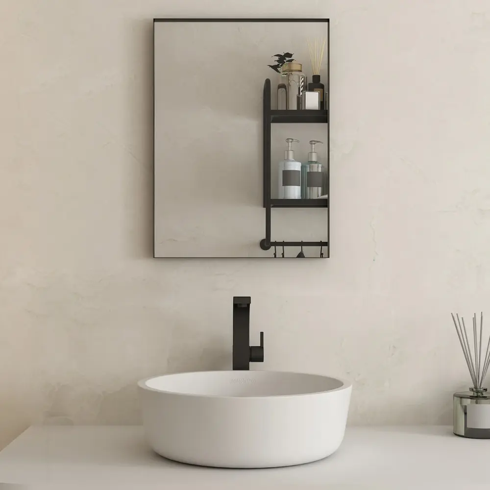 Quick-Dry Antimicrobial Rectangular Framed Bathroom Mirror Right Angle Flat Black