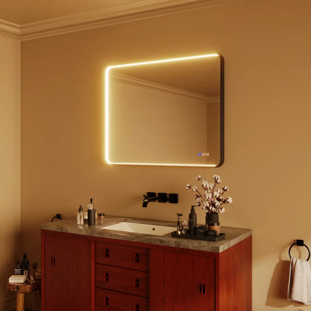 TOOLKISS® Rectangular Black Framed Anti-Fog LED Wall Bathroom Vanity Mirror Front Airy
