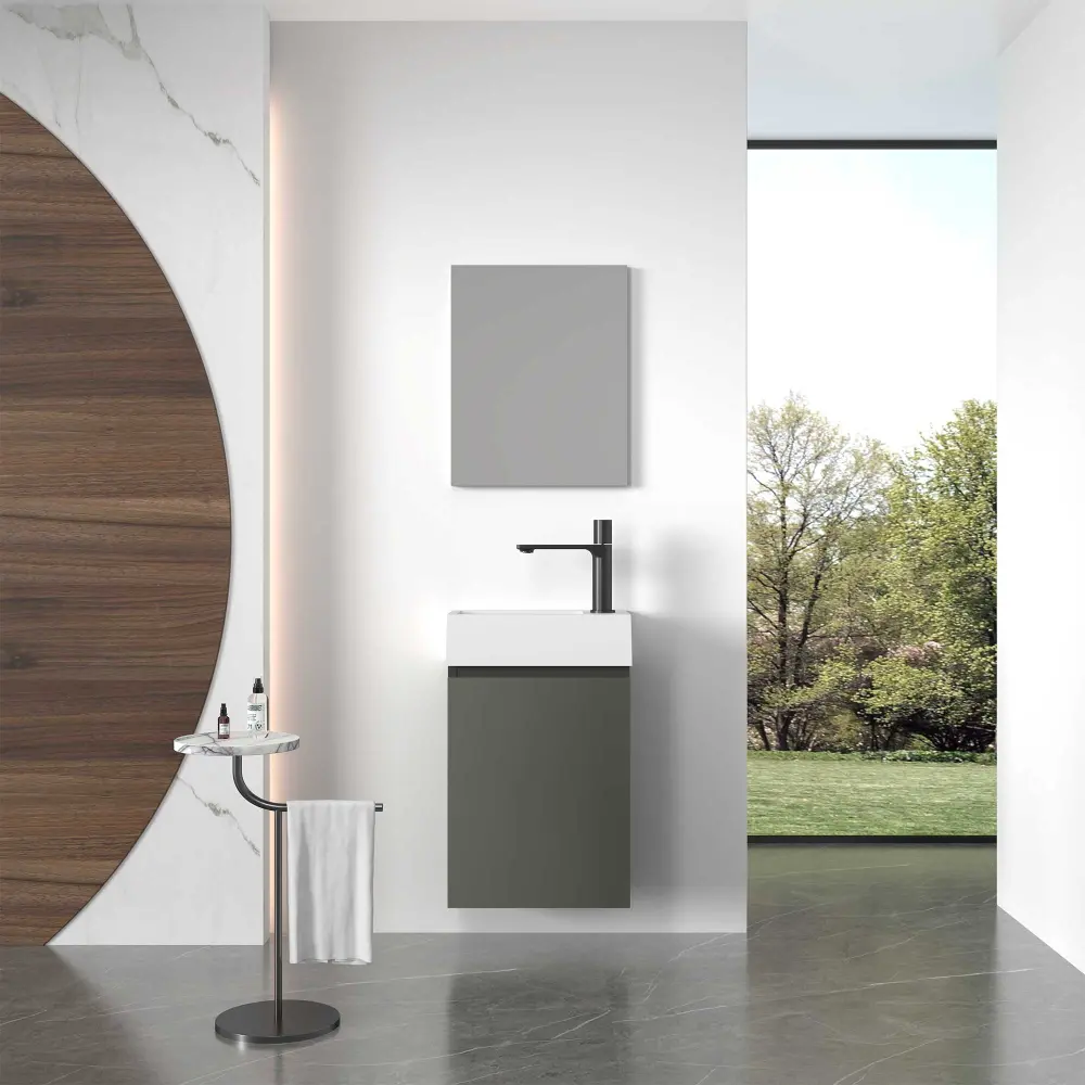 16" Wall Mount Sole Bathroom Vanity Gray White Integrated Sink and Mirror