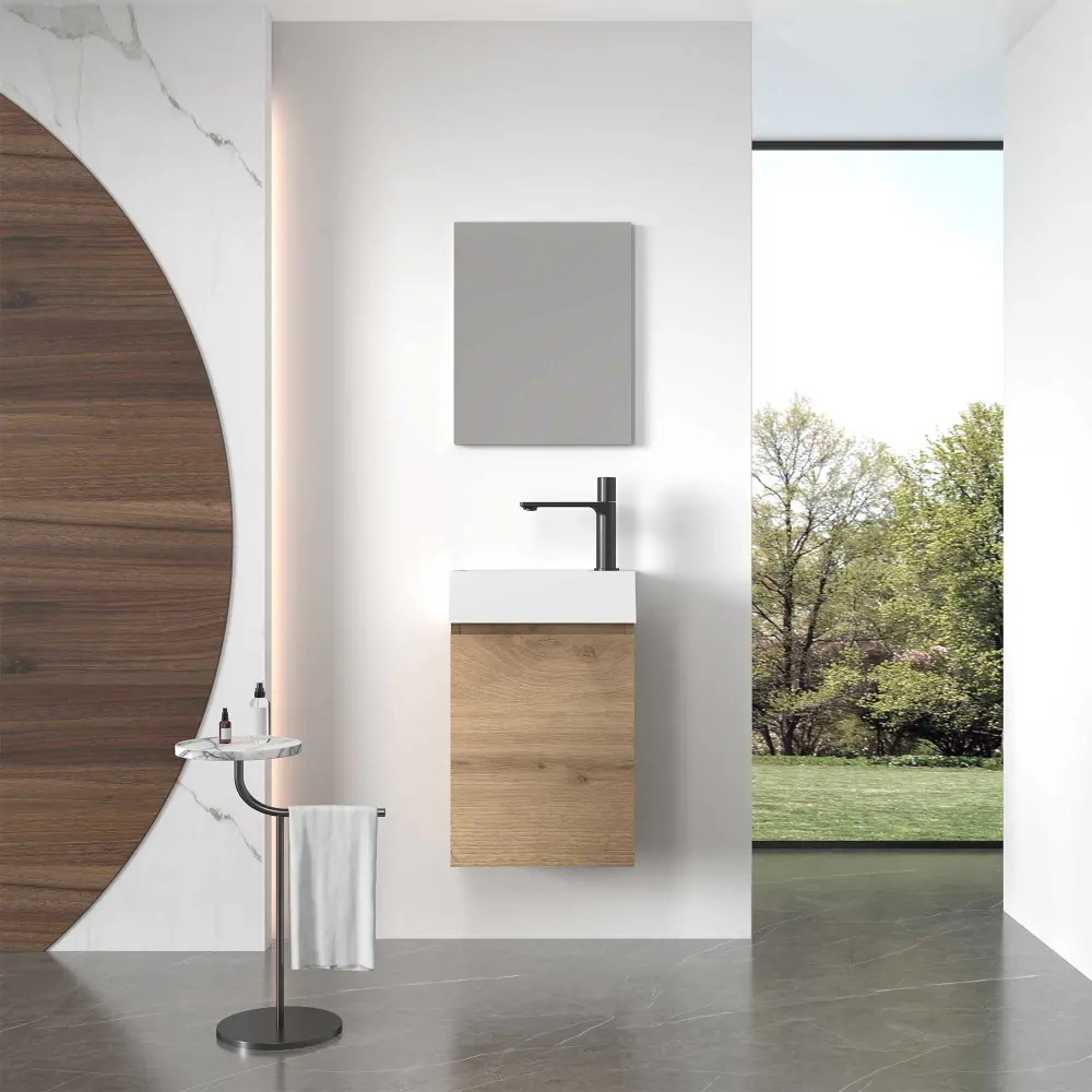 16" Wall Mount Sole Bathroom Vanity Oak White Integrated Sink and Mirror