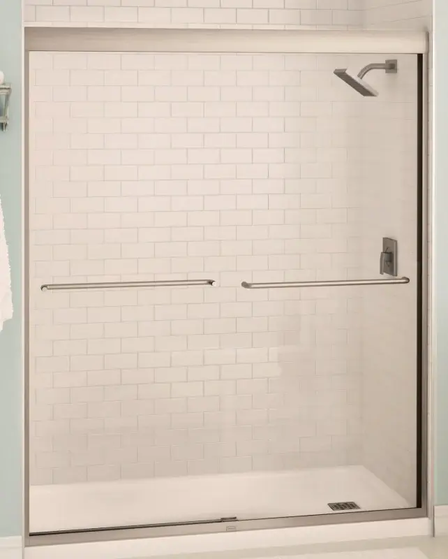Maax Aura 135665-900-305-00 Shower Door, Matte Nickel Frame, Clear Glass, Tempered Glass, Semi Frame, 2-Panel, Glass