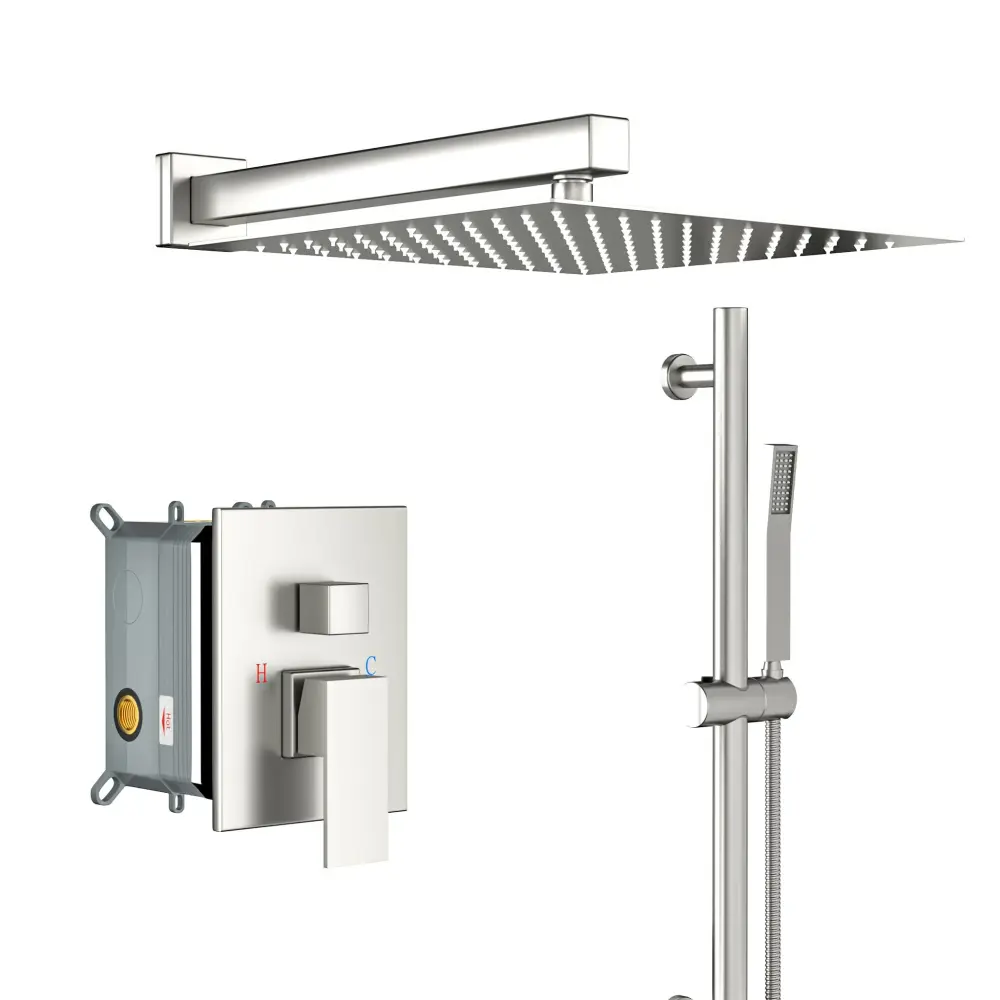 Wall Mounted Shower System Tunable Slide Bar And Rough Valve, 12" Square Design - Brushed Nickel